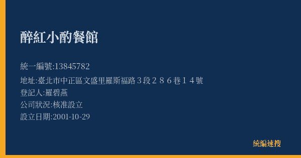 醉紅小酌餐館的照片-統編 13845782(臺北市) 公司登記資料與營業項目詳細圖表