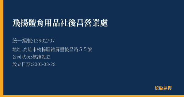 飛揚體育用品社後昌營業處的照片-統編 13902707(高雄市) 公司登記資料與營業項目詳細圖表