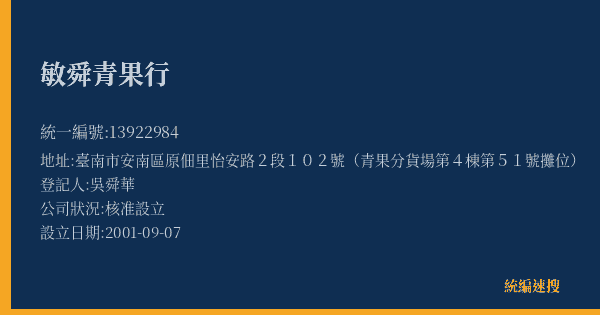 敏舜青果行的照片-統編 13922984(臺南市) 公司登記資料與營業項目詳細圖表