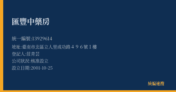 匯豐中藥房的照片-統編 13929614(臺南市) 公司登記資料與營業項目詳細圖表