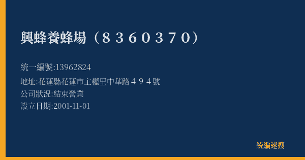 興蜂養蜂場(8360370)的照片-統編 13962824(花蓮縣) 公司登記資料與營業項目詳細圖表