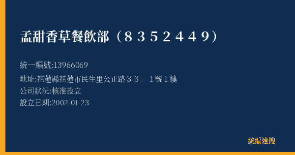 孟甜香草餐飲部(8352449)的照片-統編 13966069(花蓮縣) 公司登記資料與營業項目詳細圖表