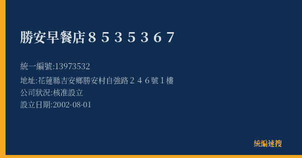 勝安早餐店8535367的照片-統編 13973532(花蓮縣) 公司登記資料與營業項目詳細圖表