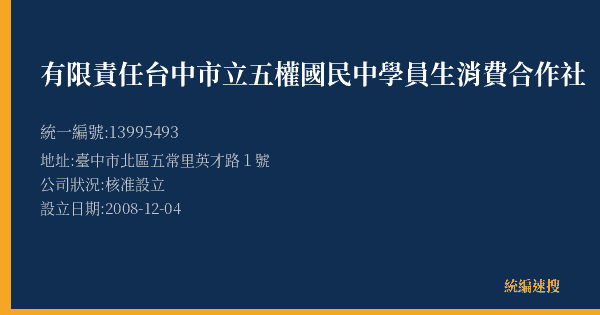 有限責任台中市立五權國民中學員生消費合作社的照片-統編 13995493(臺中市) 公司登記資料與營業項目詳細圖表