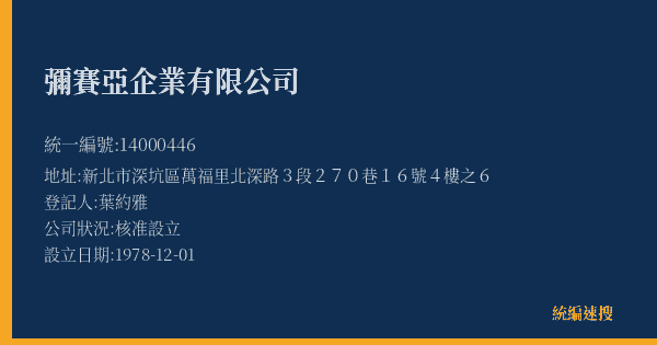 彌賽亞企業有限公司的照片-統編 14000446(新北市) 公司登記資料與營業項目詳細圖表