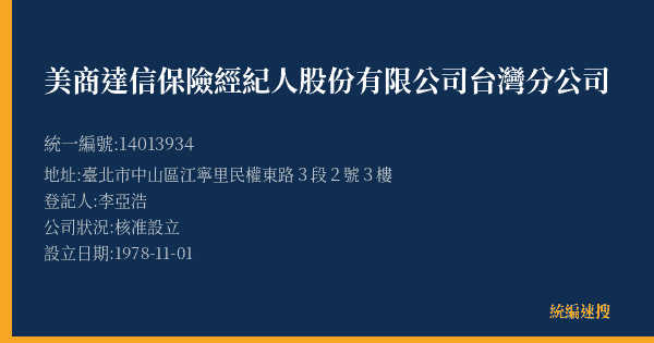 美商達信保險經紀人股份有限公司台灣分公司的照片-統編 14013934(臺北市) 公司登記資料與營業項目詳細圖表