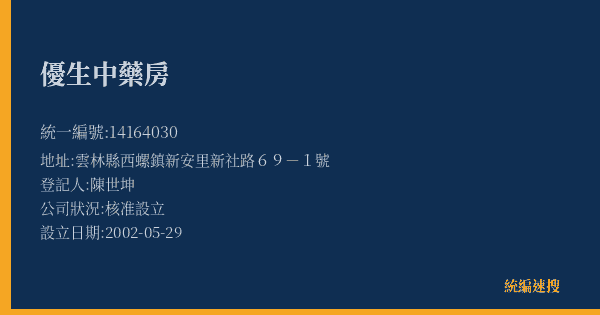 優生中藥房的照片-統編 14164030(雲林縣) 公司登記資料與營業項目詳細圖表