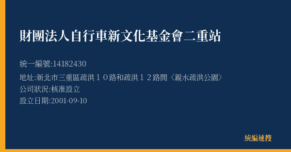 財團法人自行車新文化基金會二重站的照片-統編 14182430(新北市) 公司登記資料與營業項目詳細圖表