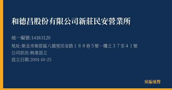和德昌股份有限公司新莊民安營業所的照片-統編 14183120(新北市) 公司登記資料與營業項目詳細圖表