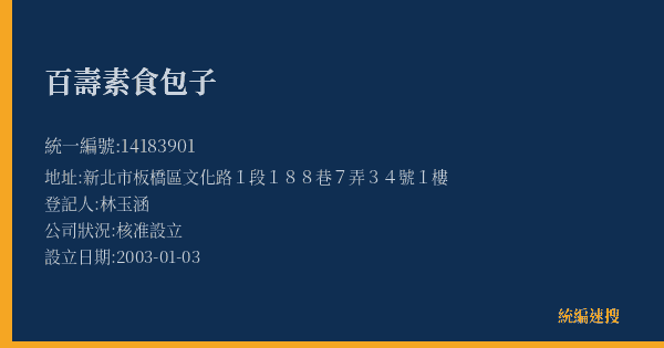 百壽素食包子的照片-統編 14183901(新北市) 公司登記資料與營業項目詳細圖表