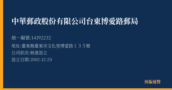 中華郵政股份有限公司台東博愛路郵局的照片-統編 14192232(臺東縣) 公司登記資料與營業項目詳細圖表