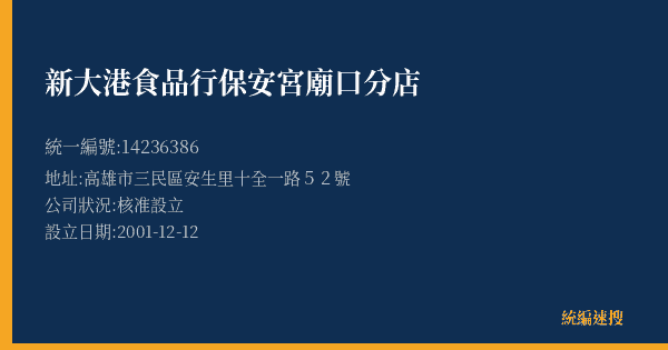 新大港食品行保安宮廟口分店的照片-統編 14236386(高雄市) 公司登記資料與營業項目詳細圖表