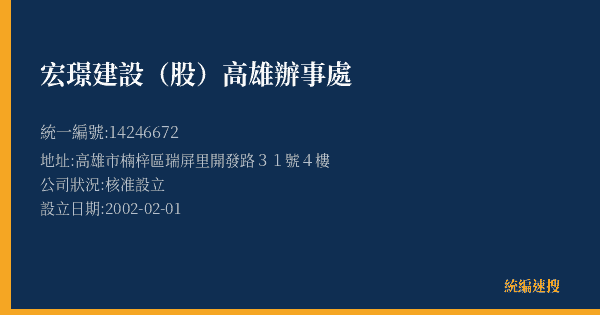 宏璟建設(股)高雄辦事處的照片-統編 14246672(高雄市) 公司登記資料與營業項目詳細圖表