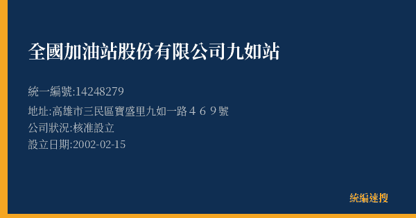 全國加油站股份有限公司九如站的照片-統編 14248279(高雄市) 公司登記資料與營業項目詳細圖表