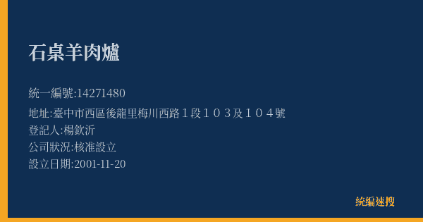 石桌羊肉爐的照片-統編 14271480(臺中市) 公司登記資料與營業項目詳細圖表