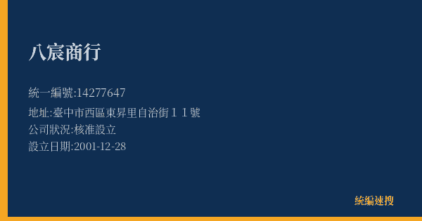 八宸商行的照片-統編 14277647(臺中市) 公司登記資料與營業項目詳細圖表