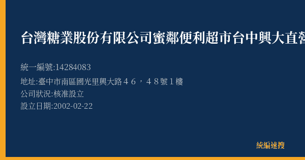 台灣糖業股份有限公司蜜鄰便利超市台中興大直營店的照片-統編 14284083(臺中市) 公司登記資料與營業項目詳細圖表