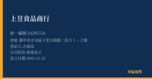 上昱食品商行的照片-統編 14285554(臺中市) 公司登記資料與營業項目詳細圖表
