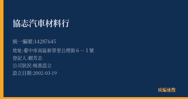 協志汽車材料行的照片-統編 14287645(臺中市) 公司登記資料與營業項目詳細圖表