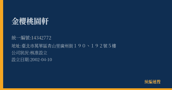 金櫻桃園軒的照片-統編 14342772(臺北市) 公司登記資料與營業項目詳細圖表