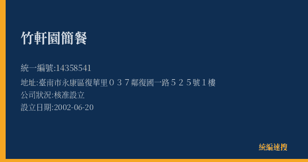 竹軒園簡餐的照片-統編 14358541(臺南市) 公司登記資料與營業項目詳細圖表