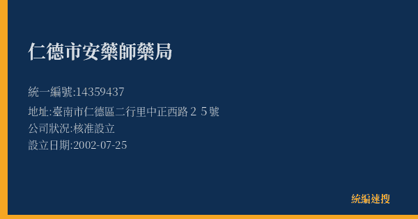 仁德市安藥師藥局的照片-統編 14359437(臺南市) 公司登記資料與營業項目詳細圖表