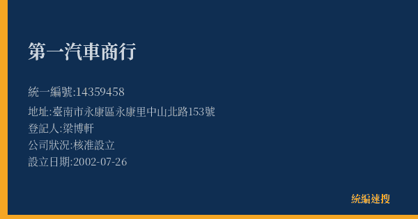 第一汽車商行的照片-統編 14359458(臺南市) 公司登記資料與營業項目詳細圖表