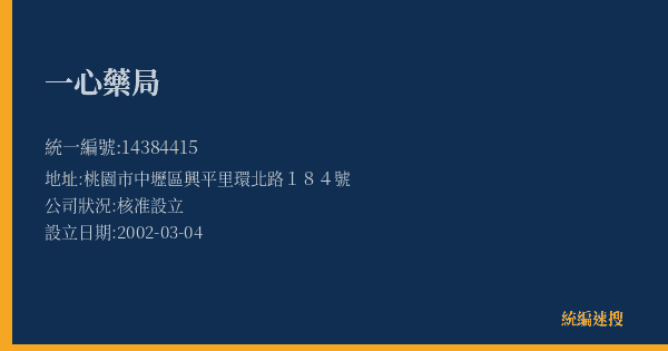 一心藥局的照片-統編 14384415(桃園市) 公司登記資料與營業項目詳細圖表