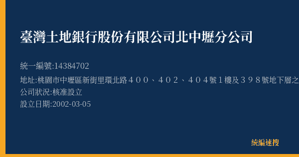 臺灣土地銀行股份有限公司北中壢分公司的照片-統編 14384702(桃園市) 公司登記資料與營業項目詳細圖表