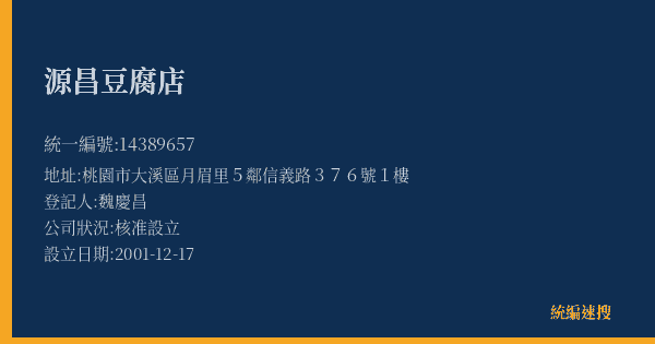 源昌豆腐店的照片-統編 14389657(桃園市) 公司登記資料與營業項目詳細圖表