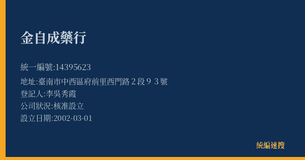 金自成藥行的照片-統編 14395623(臺南市) 公司登記資料與營業項目詳細圖表