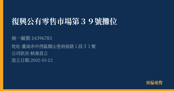 復興公有零售市場第39號攤位的照片-統編 14396783(臺南市) 公司登記資料與營業項目詳細圖表