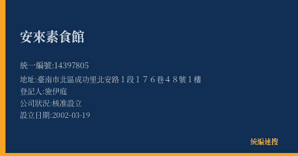 安來素食館的照片-統編 14397805(臺南市) 公司登記資料與營業項目詳細圖表