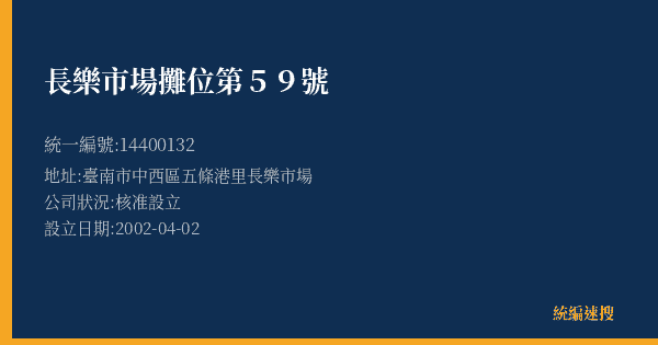 長樂市場攤位第59號的照片-統編 14400132(臺南市) 公司登記資料與營業項目詳細圖表