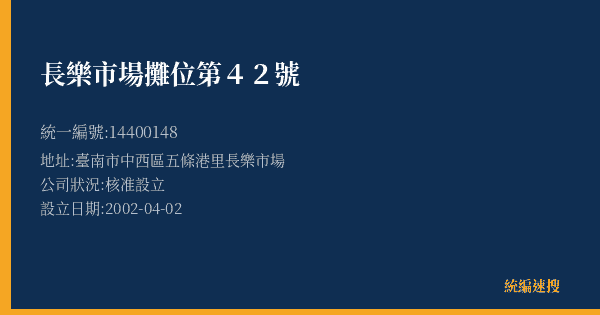 長樂市場攤位第42號的照片-統編 14400148(臺南市) 公司登記資料與營業項目詳細圖表