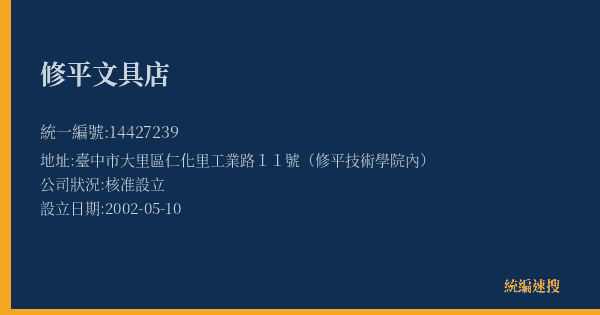 修平文具店的照片-統編 14427239(臺中市) 公司登記資料與營業項目詳細圖表