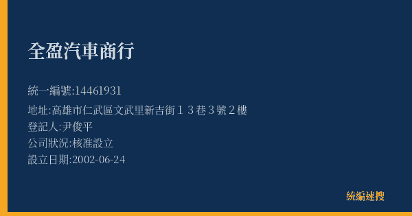 全盈汽車商行的照片-統編 14461931(高雄市) 公司登記資料與營業項目詳細圖表