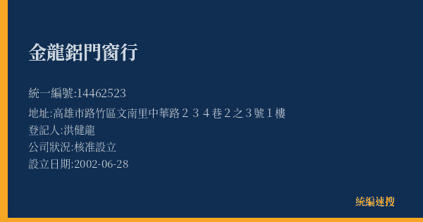 金龍鋁門窗行的照片-統編 14462523(高雄市) 公司登記資料與營業項目詳細圖表