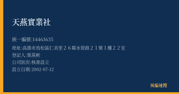 天燕實業社的照片-統編 14463635(高雄市) 公司登記資料與營業項目詳細圖表