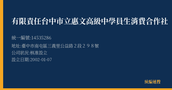 有限責任台中市立惠文高級中學員生消費合作社的照片-統編 14535286(臺中市) 公司登記資料與營業項目詳細圖表