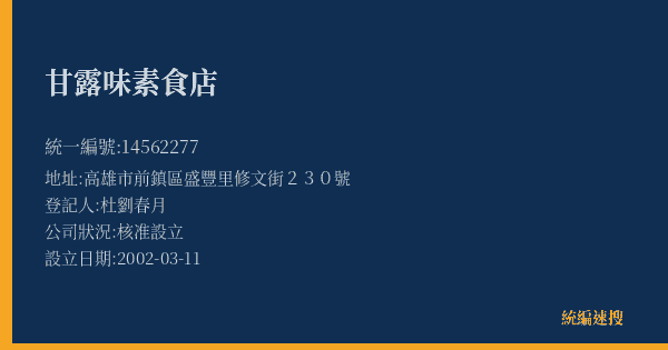 甘露味素食店的照片-統編 14562277(高雄市) 公司登記資料與營業項目詳細圖表