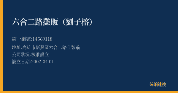 六合二路攤販(劉子榕)的照片-統編 14569118(高雄市) 公司登記資料與營業項目詳細圖表