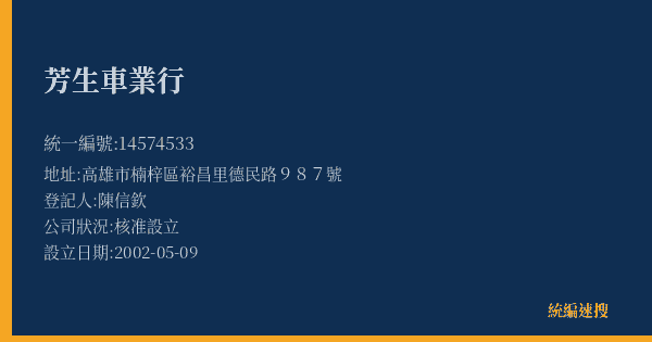 芳生車業行的照片-統編 14574533(高雄市) 公司登記資料與營業項目詳細圖表