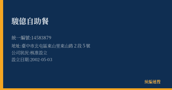 駿億自助餐的照片-統編 14583879(臺中市) 公司登記資料與營業項目詳細圖表