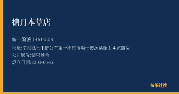 搪月本草店的照片-統編 14614508(南投縣) 公司登記資料與營業項目詳細圖表