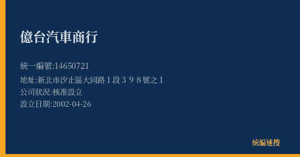 億台汽車商行的照片-統編 14650721(新北市) 公司登記資料與營業項目詳細圖表