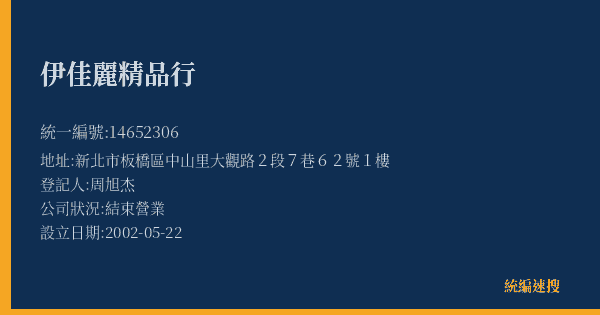 伊佳麗精品行的照片-統編 14652306(新北市) 公司登記資料與營業項目詳細圖表