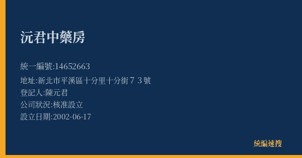 沅君中藥房的照片-統編 14652663(新北市) 公司登記資料與營業項目詳細圖表