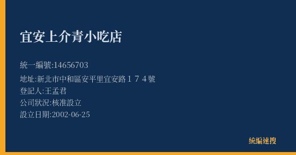 宜安上介青小吃店的照片-統編 14656703(新北市) 公司登記資料與營業項目詳細圖表