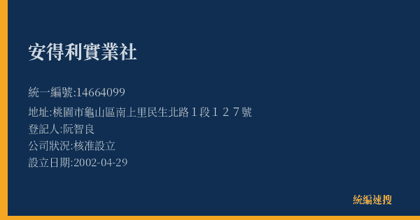 安得利實業社的照片-統編 14664099(桃園市) 公司登記資料與營業項目詳細圖表